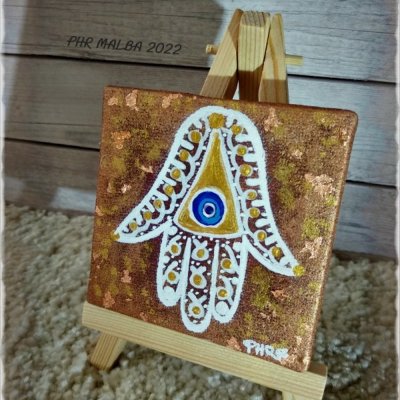 Ruka Fátimy (originál volná tvorba) akryl na MINI plátně s dřevěným stojanem – není  k dispozici