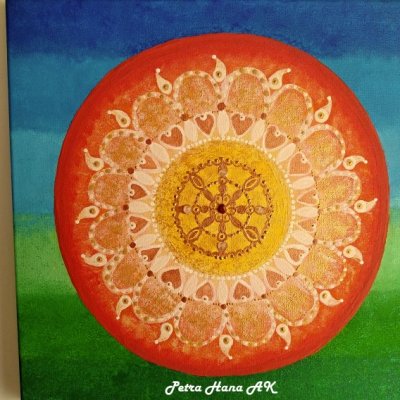 Oheň lásky (originál osobní obraz) akryl na plátně 40x40cm, krystal jaspis a růženín – není k dispozici