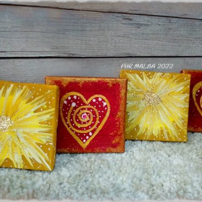 Láska, Záře (soubor obrazů volná tvorba) akryl na MINI plátně s dřevěným stojanem – není  k dispozici