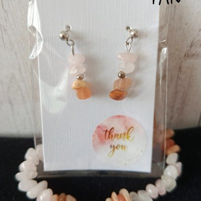 Kalcitový set – náušnice puzeta a náramek z růženímu a karneolu